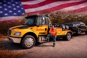 Tow truck with a worker in an orange safety vest standing beside a yellow Action Towing truck, carrying a car on a flatbed with an American flag backdrop.