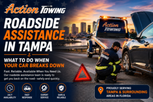 Roadside towing ad showing a technician changing a car tire on a highway at sunset, with orange and white text Reading: Action Towing and Roadside Assistance in Tampa (campaign banner).