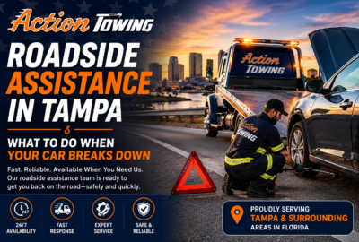 Roadside towing ad showing a technician changing a car tire on a highway at sunset, with orange and white text Reading: Action Towing and Roadside Assistance in Tampa (campaign banner).