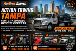 Tampa Action Towing banner with a white tow truck and a city skyline, bold orange 'TAMPA' text and a 24/7 service badge in the corner